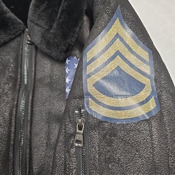 Shein Mens US Army Veteran Faux Fur Lapel Flight Jacket Sz L Black Military - Picture 8 of 11